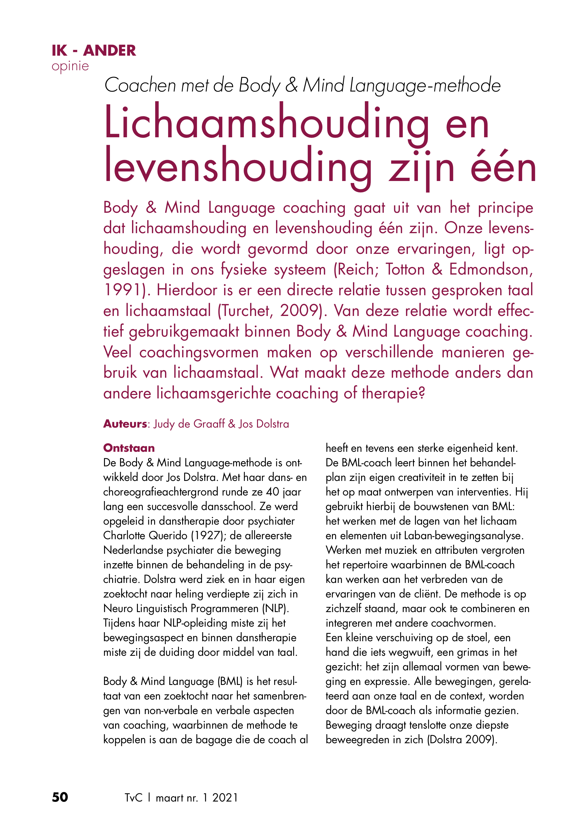 Artikel over BML in Tijdschrift voor Coaching